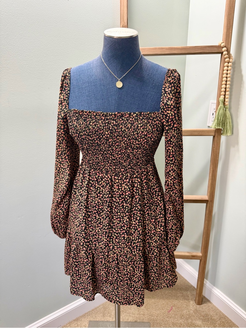 Abercrombie & Fitch Black Pink Ditsy Floral Long Sleeve Mini Dress Size Small